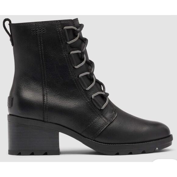 SOREL Cate Lace Women's Black Leather Waterproof D-ring Rain Booties Sz 8.5 - Picture 1 of 11